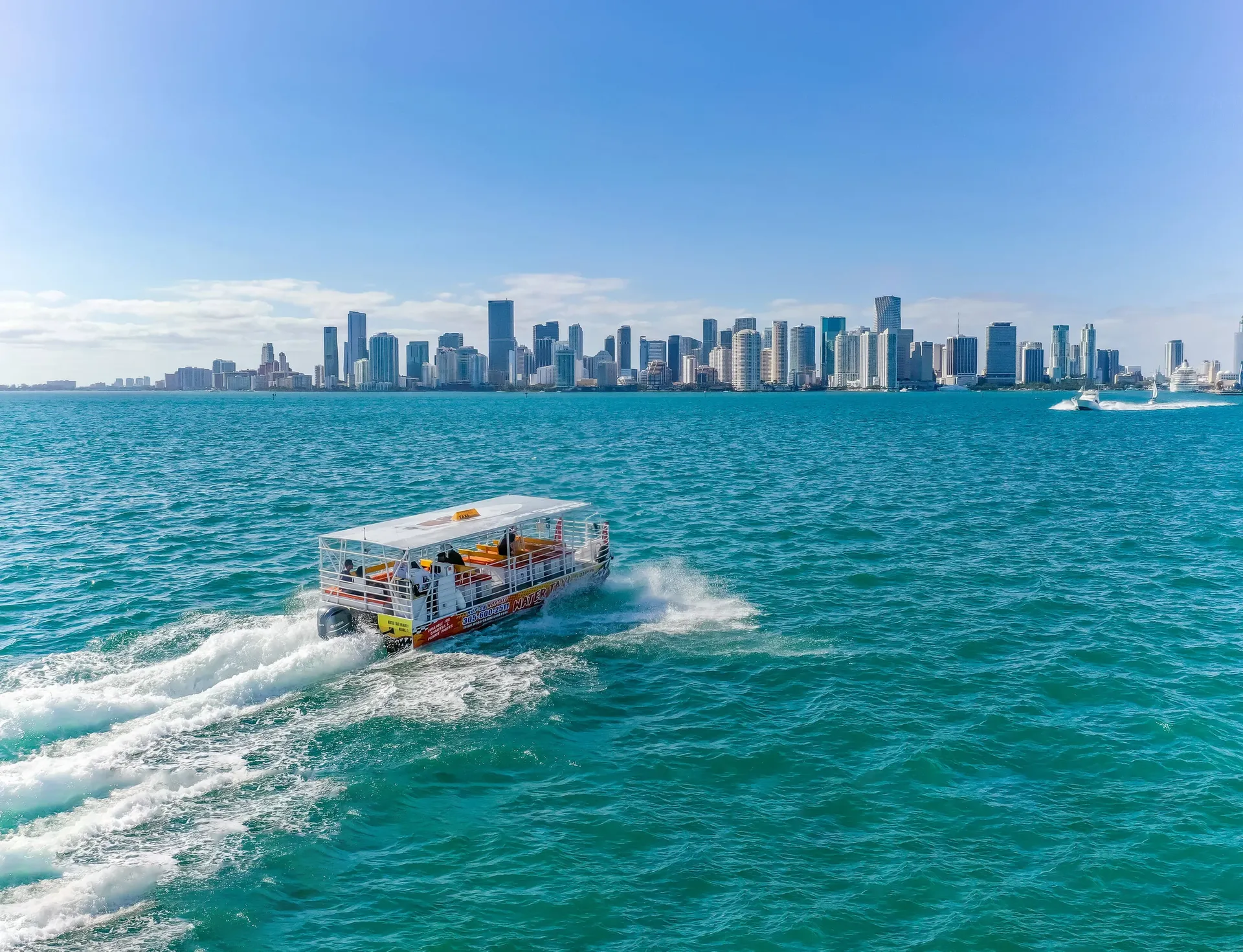 Drone view of Miami's Biscayne Bay and skyline